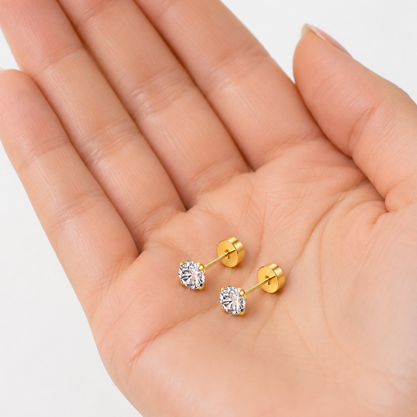 Gold Solitaire CZ Flat Back Stud Earrings