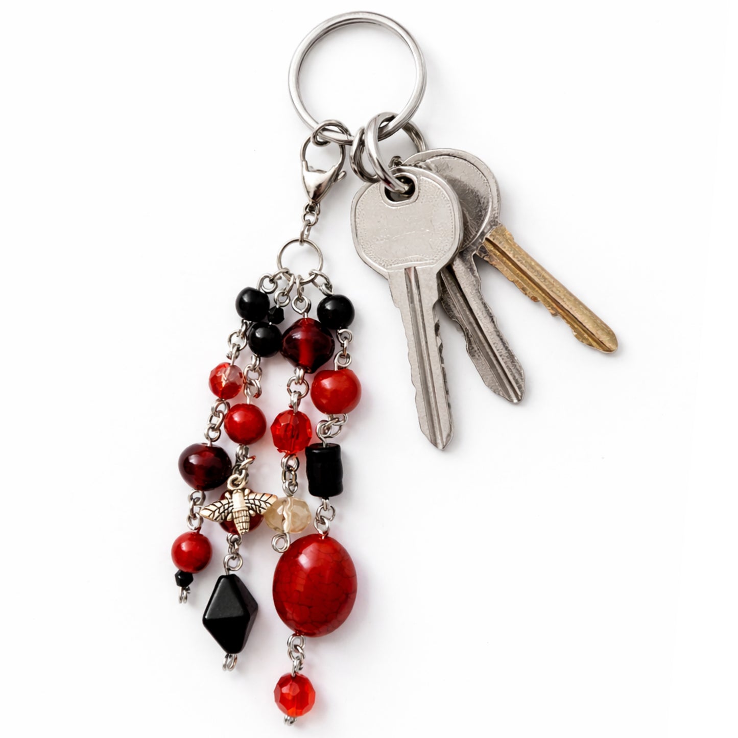 Handmade Red & Black Beaded Bee Charm – Bag Charm Keychain Zipper Pull