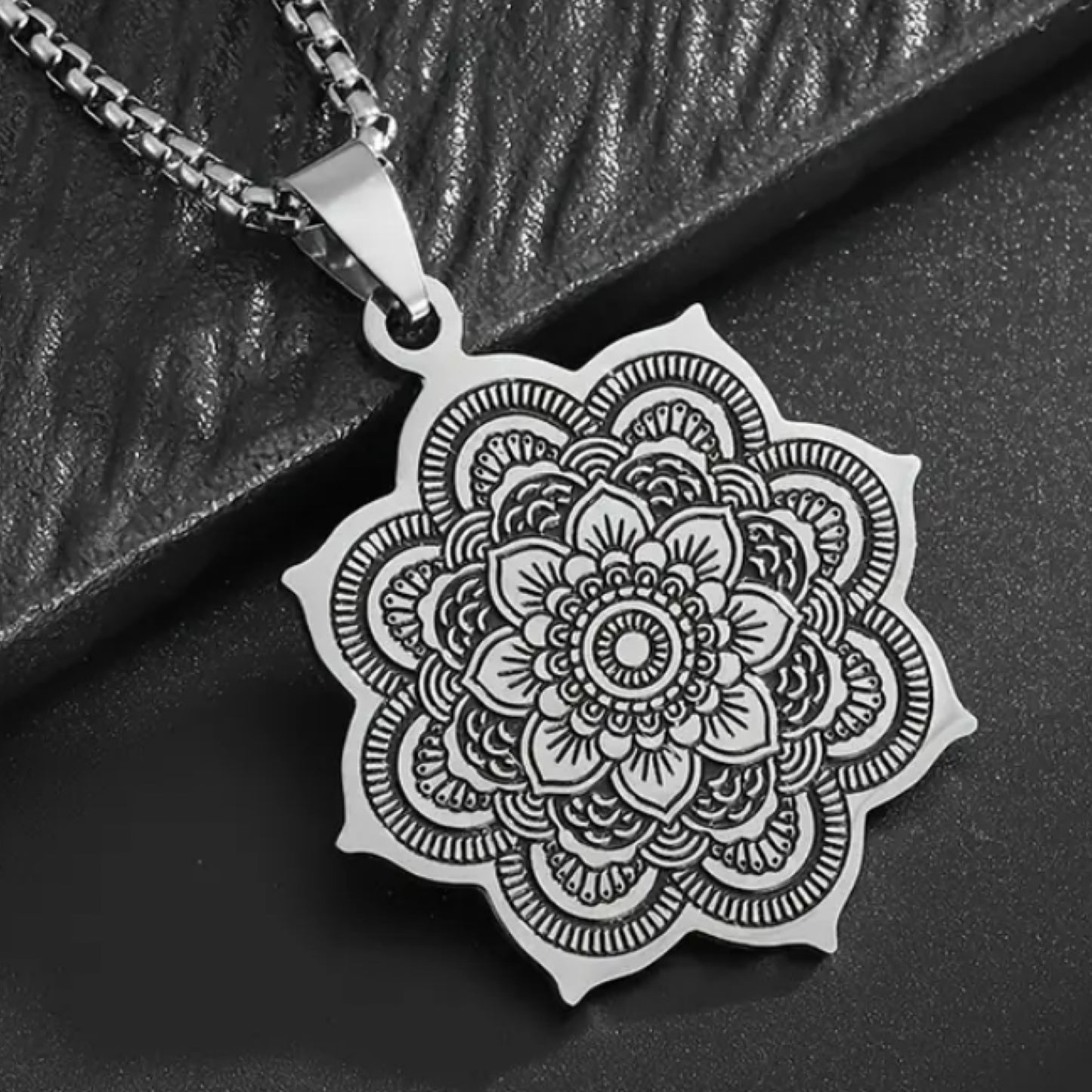 Silver Boho Mandala Flower Pendant Necklace