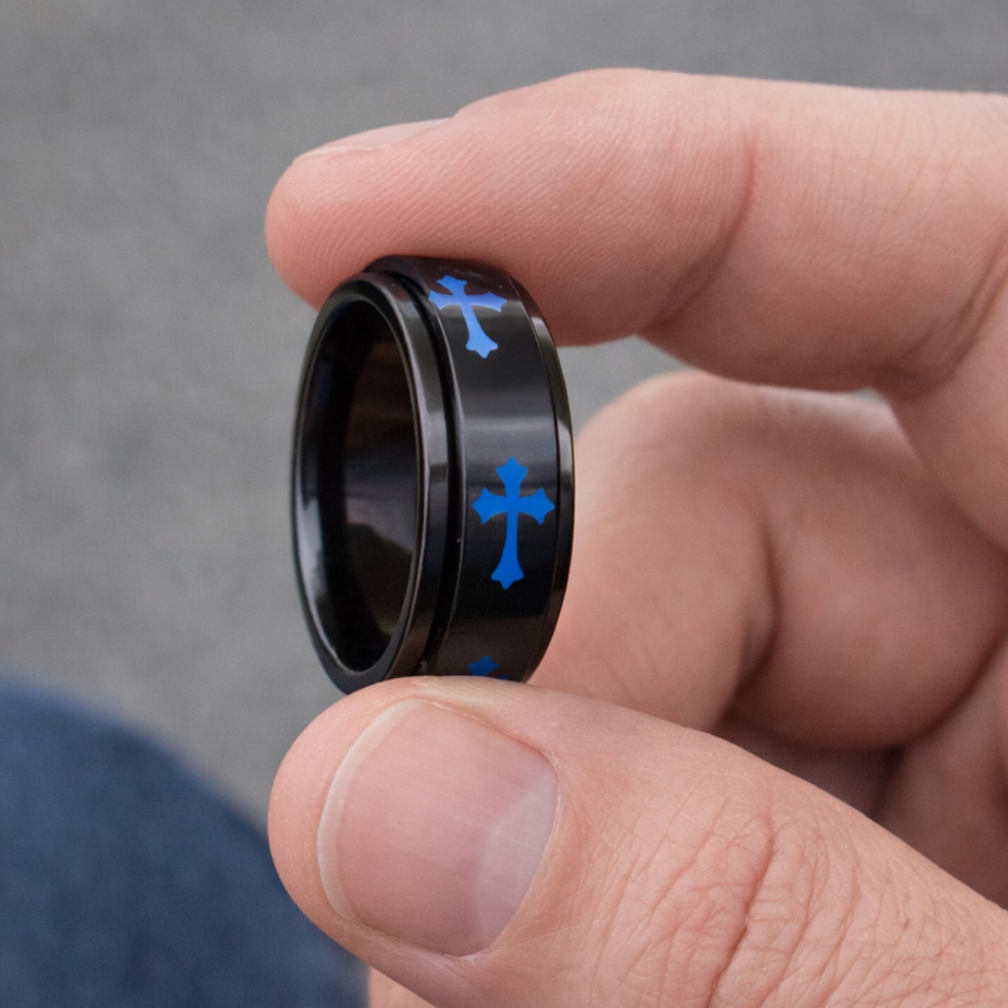 Black Stainless Steel Spinner Ring with Blue Cross Design