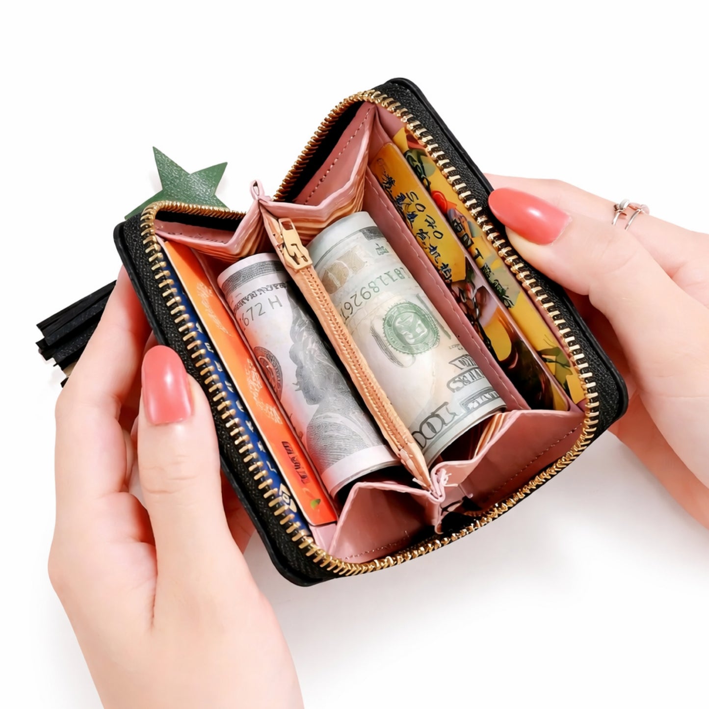 Black Heart Zip Around Mini Wallet with Star Charm