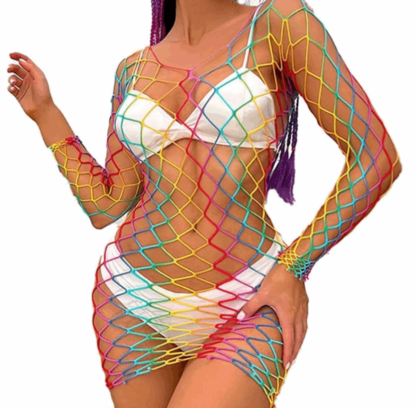 Rainbow Mesh Fishnet Dress Rave Festival Outfit Swim Cover