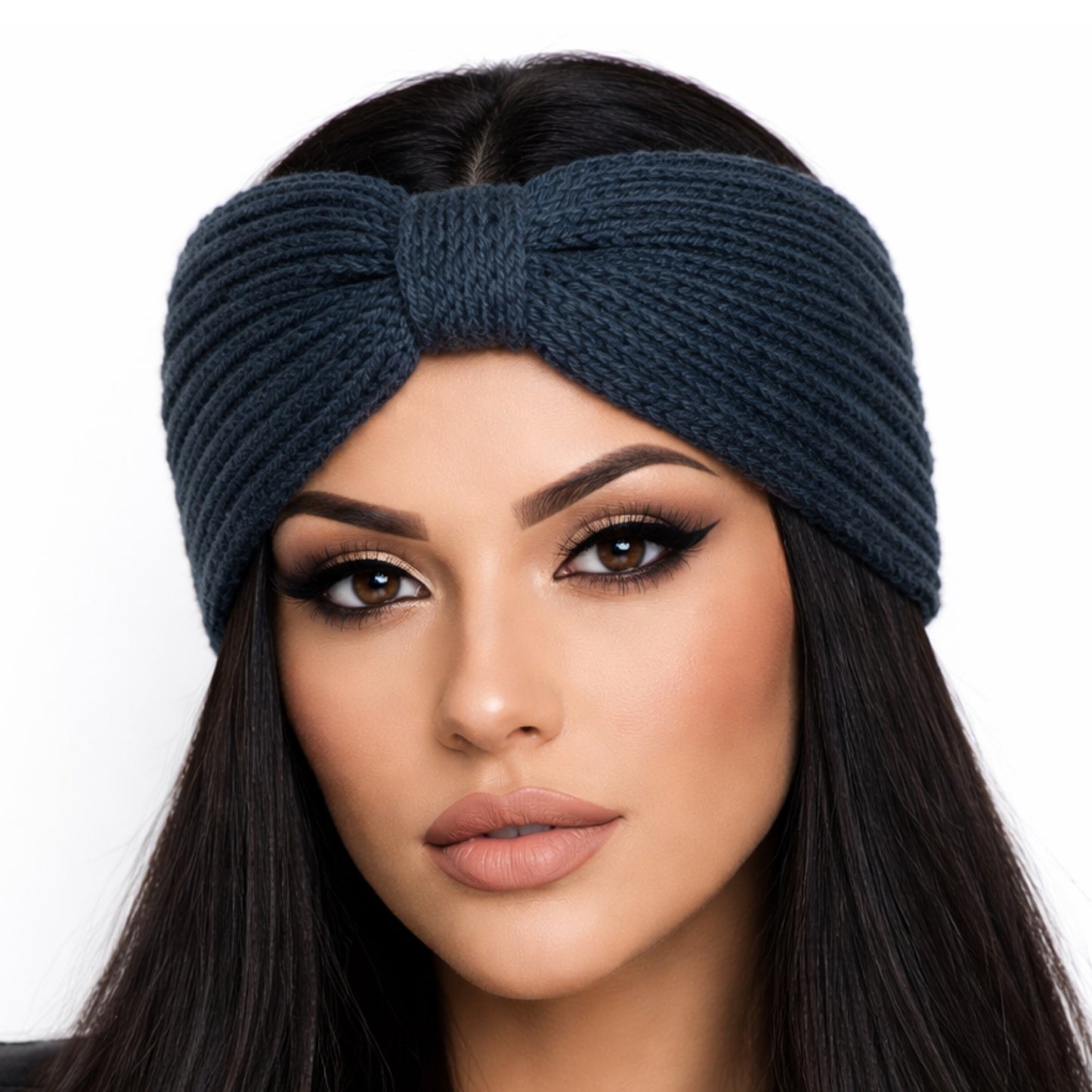Navy Blue Chunky Knit Bow Headband – Cozy Winter Ear Warmer