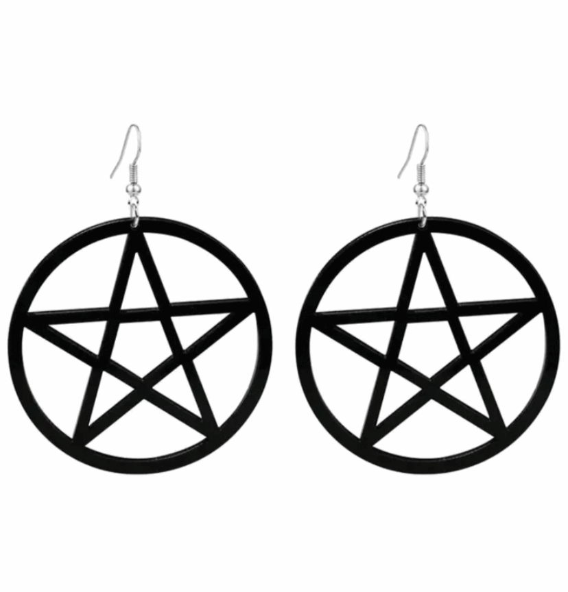 Black Dangly Pentagram Hoop Earrings