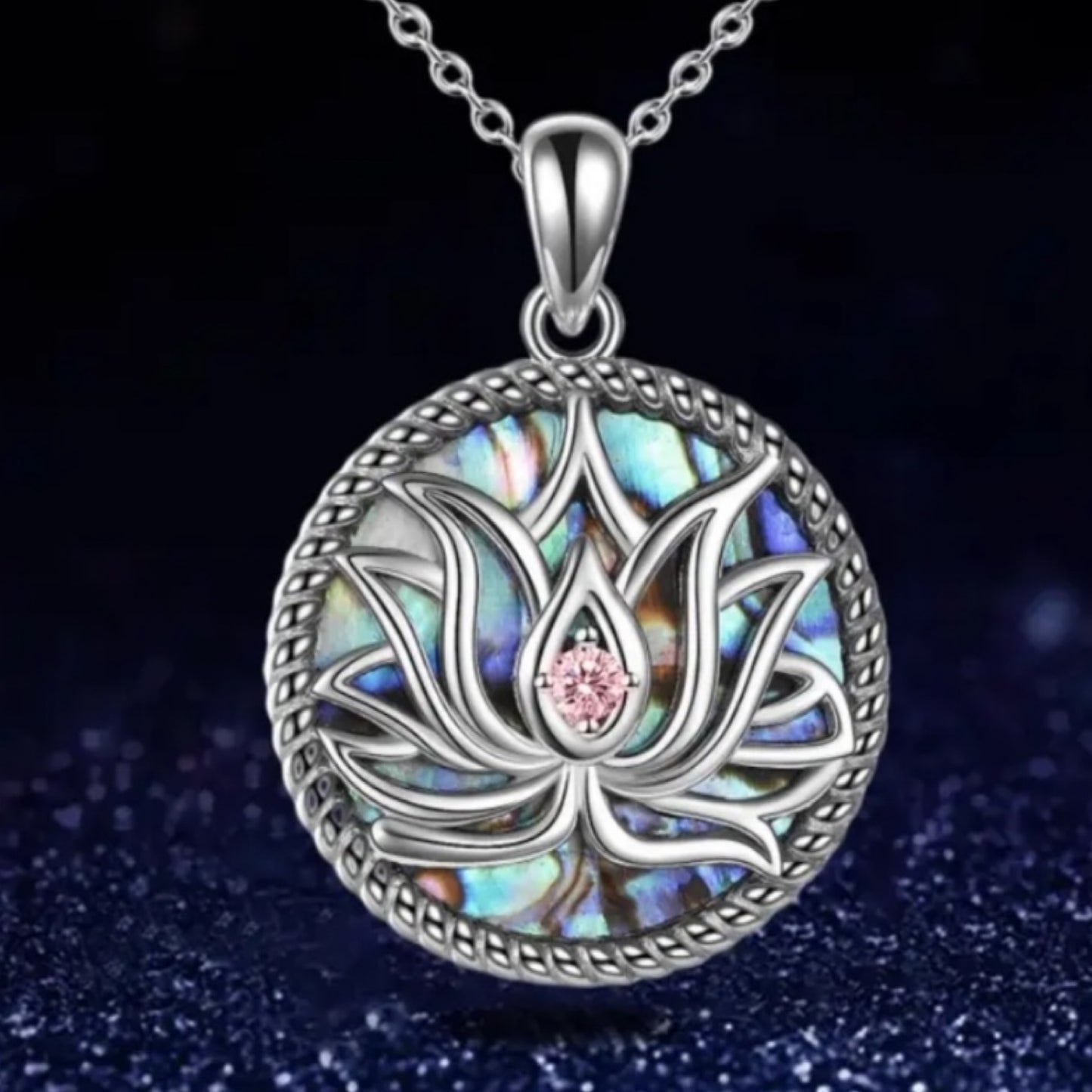Lotus Flower Abalone Shell Pendant Necklace with Pink CZ – Hypoallergenic Stainless Steel, 18” Chain