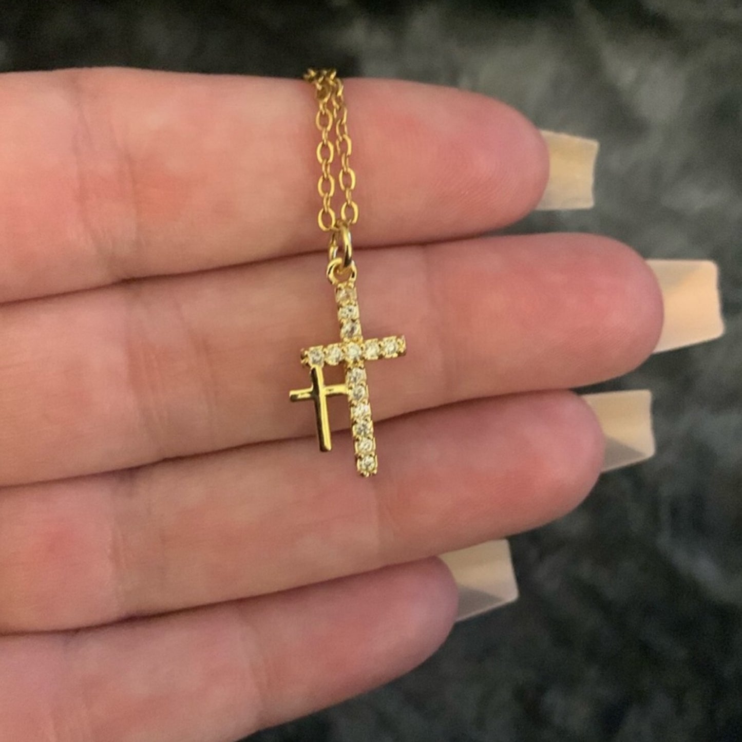 Tiny Gold CZ Covered Double Cross Necklace