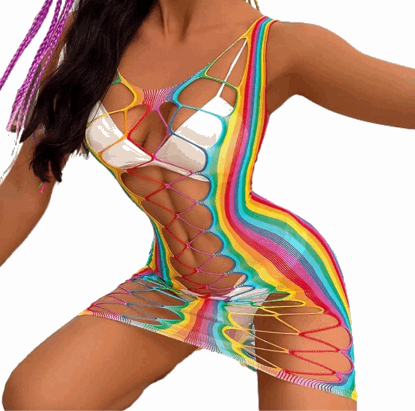 Rainbow Mesh Fishnet Dress Rave Festival Outfit Swim Cover