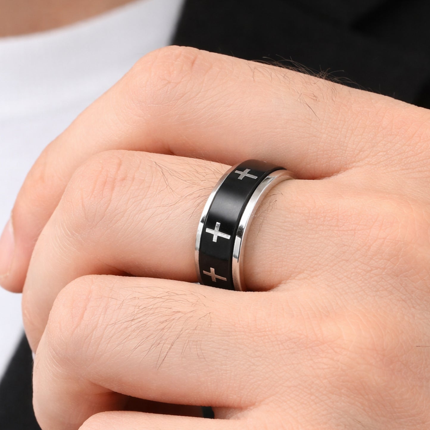 Black Cross Spinner Ring – Stainless Steel Fidget Band