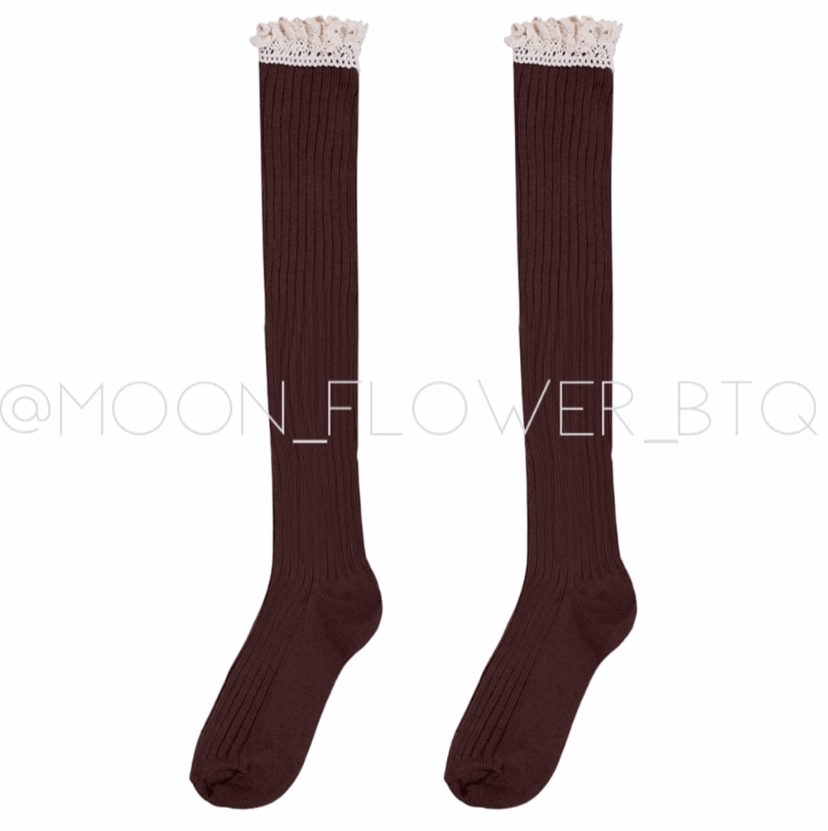 Brown Lace Trim Knit Over the Knee High Socks