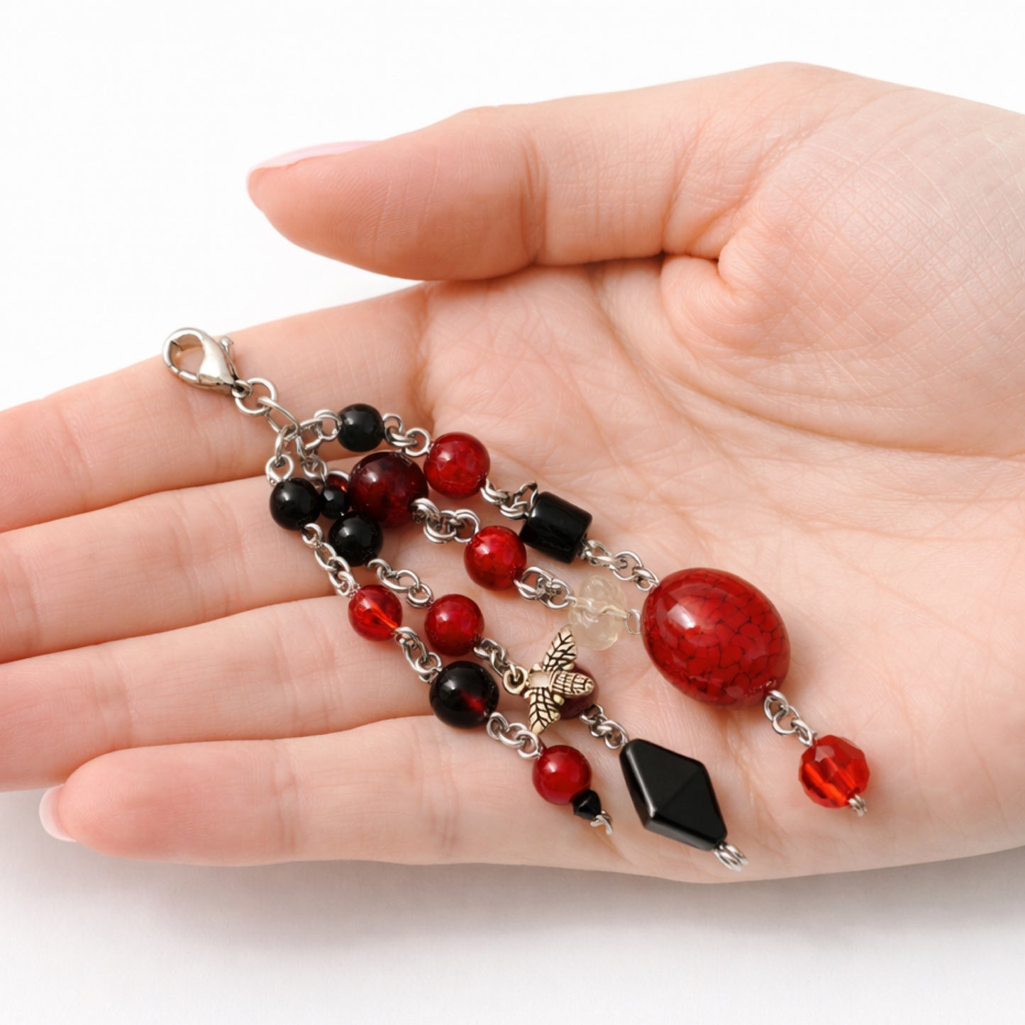 Handmade Red & Black Beaded Bee Charm – Bag Charm Keychain Zipper Pull