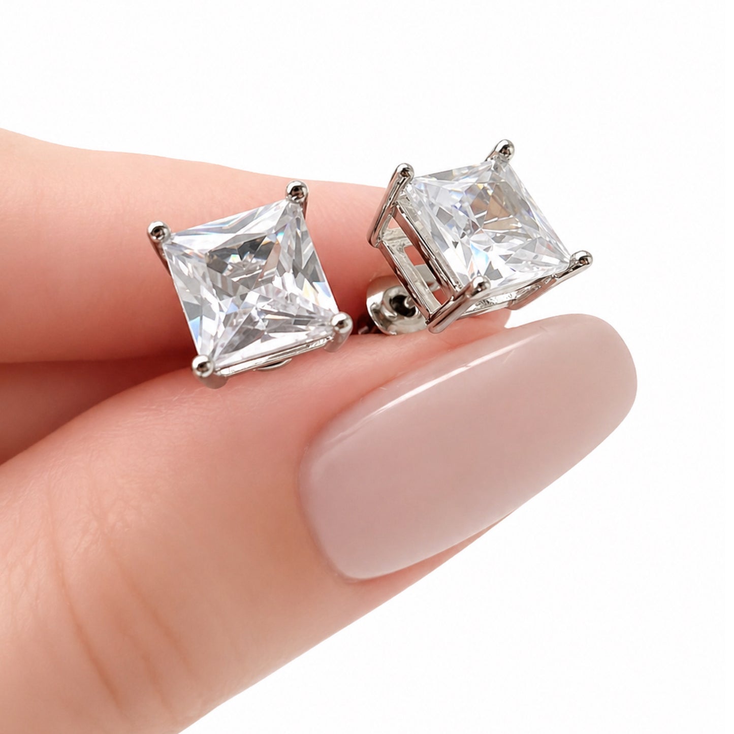 White Gold Plated Princess Cut CZ Stud Earrings