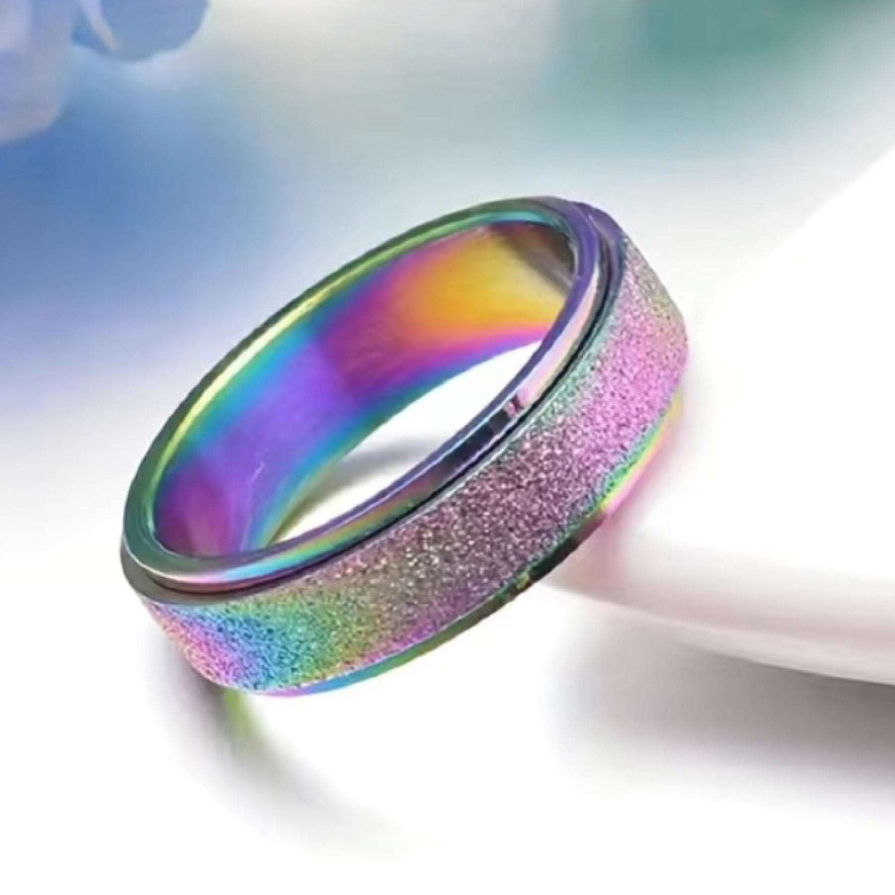 Sparkly Rainbow Silver Anxiety Fidget Spinner Ring