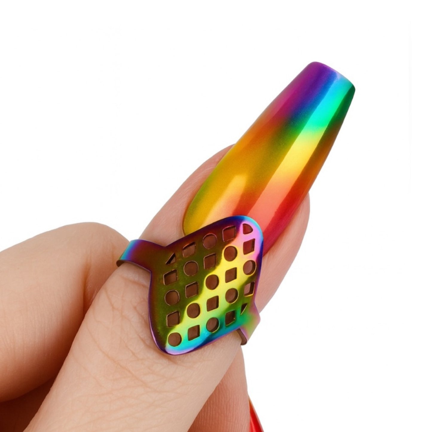 Rainbow Iridescent Honeycomb Statement Ring – Stainless Steel Grid Shield