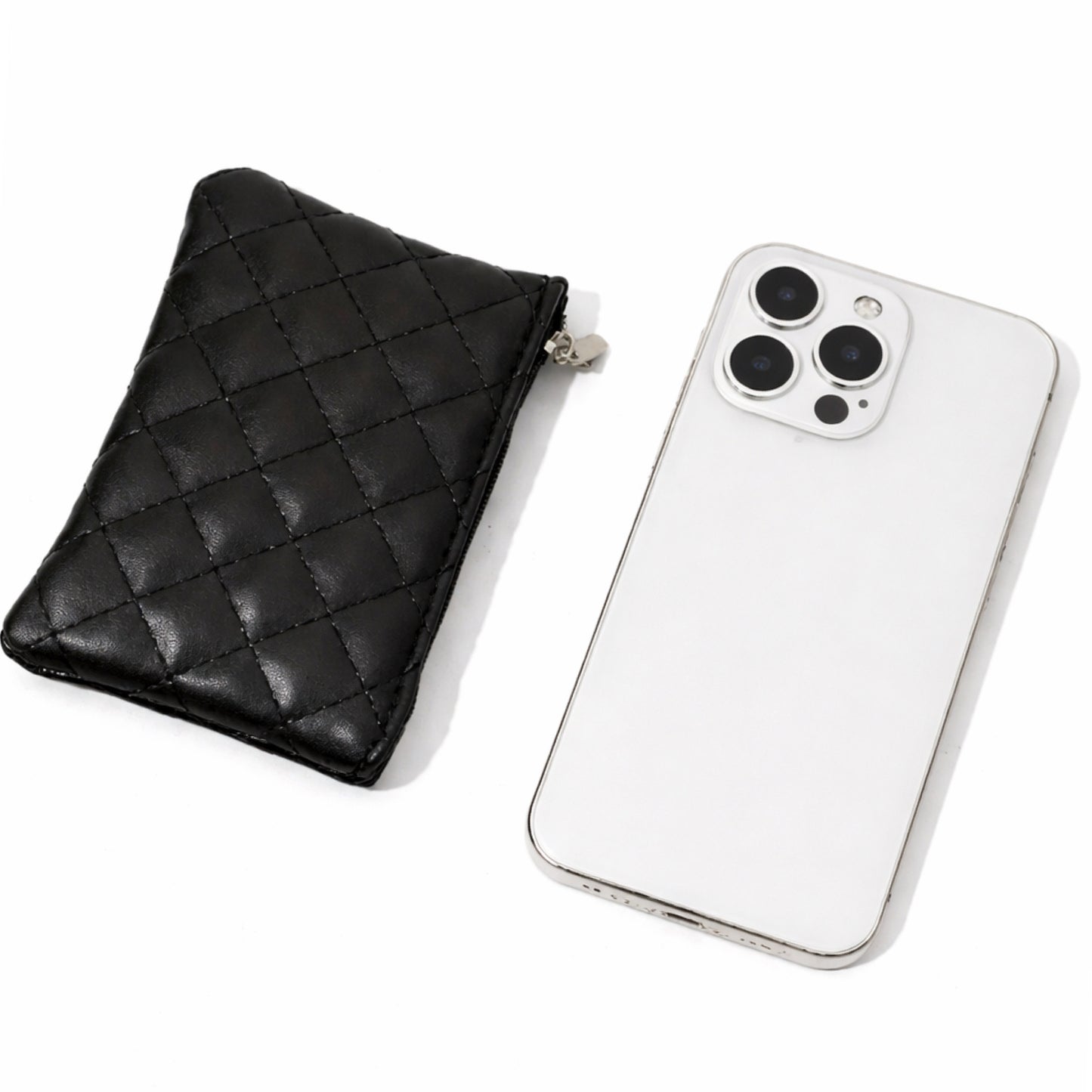 Black Quilted Mini Zip Coin Pouch Card Holder