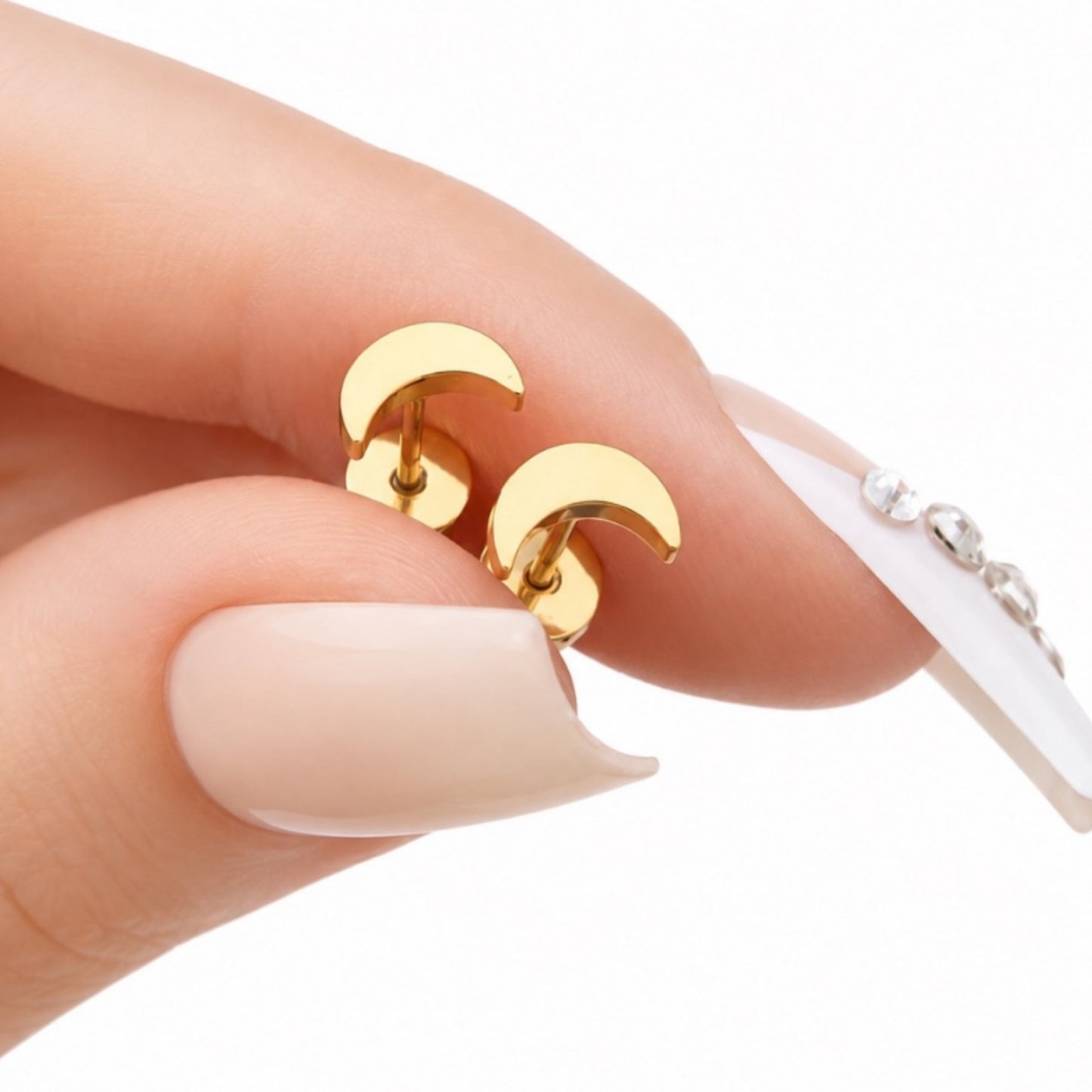 Gold Crescent Moon Flat Back Stud Earrings