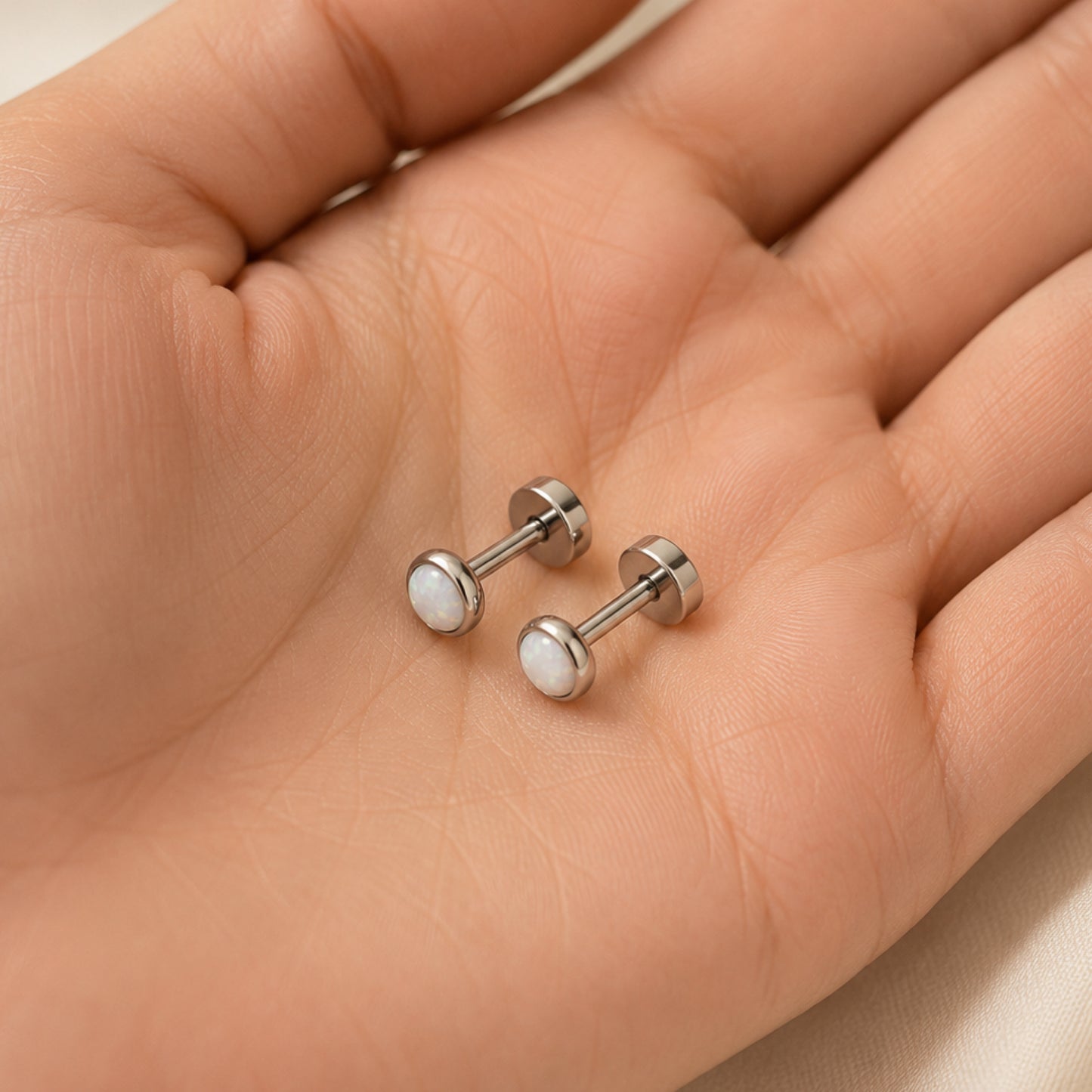 White Opal Flat Back Stud Earrings