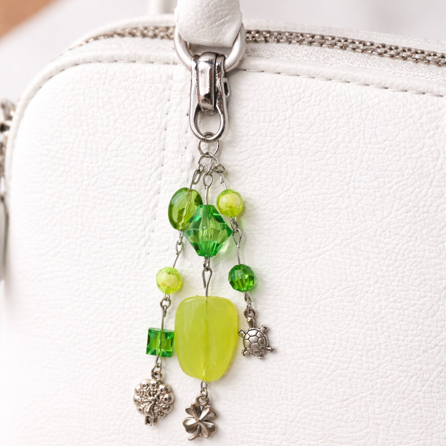 Green Beaded Turtle, Shamrock & Peacock Charm - Keychain Bag Charm Zipper Pull
