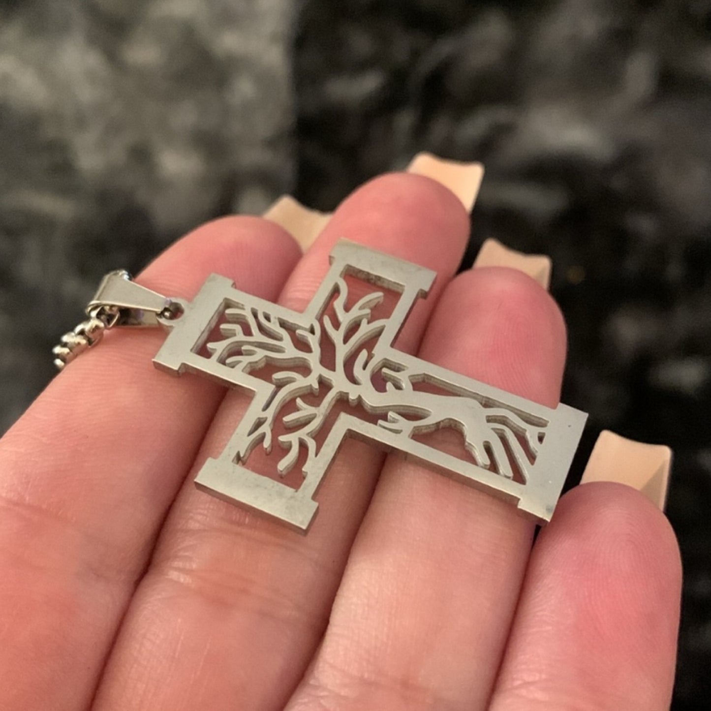 Silver Tree of Life Cross Cut Out Necklace