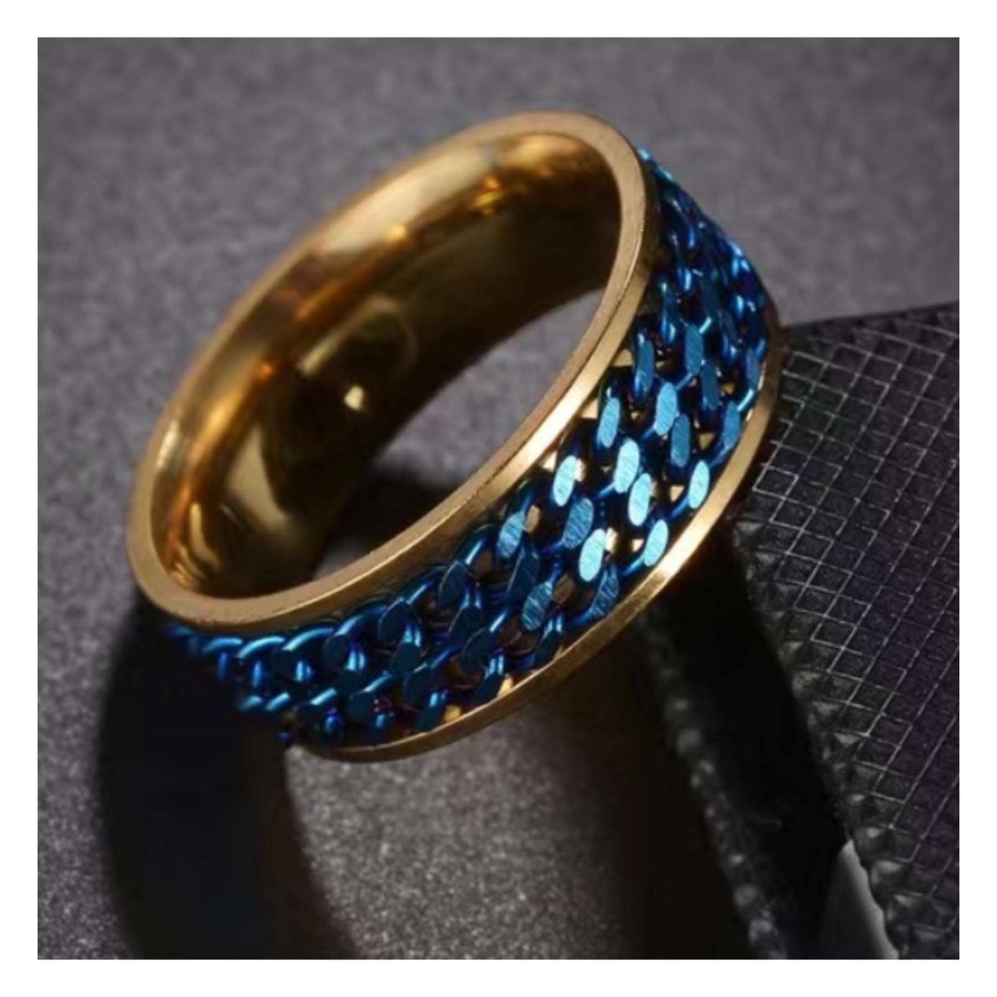 Gold Blue Double Chain Anxiety Fidget Spinner Ring