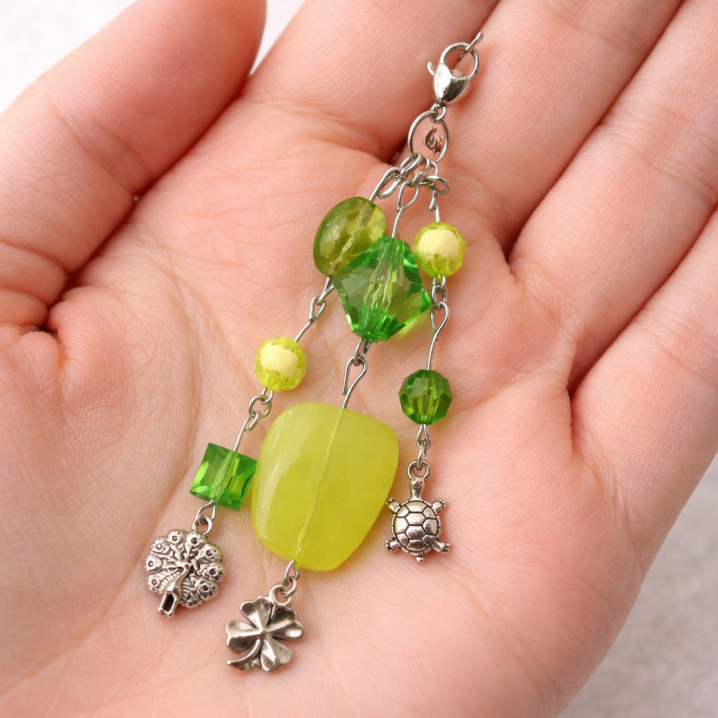 Green Beaded Turtle, Shamrock & Peacock Charm - Keychain Bag Charm Zipper Pull
