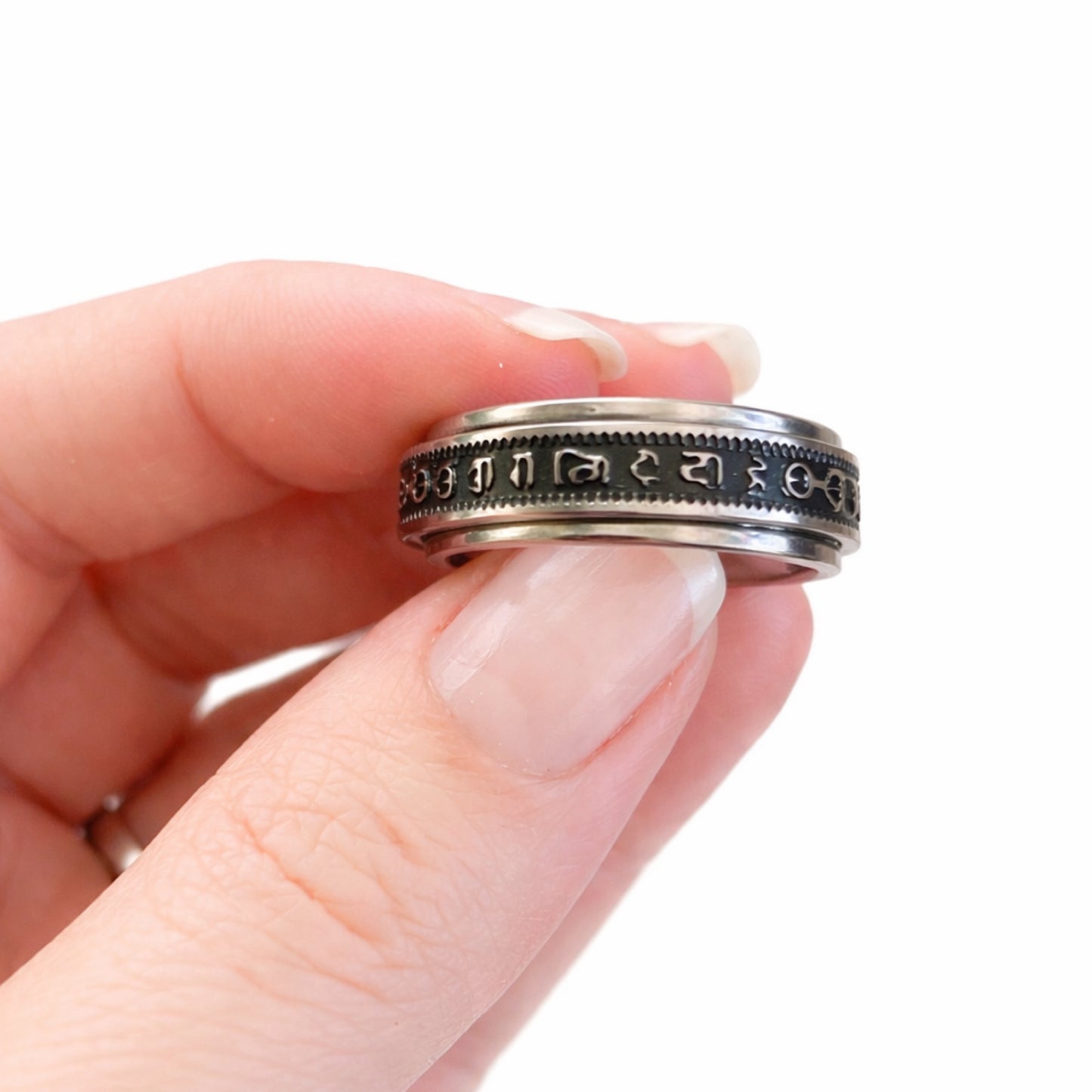 Stainless Steel Symbol Script Spinner Ring
