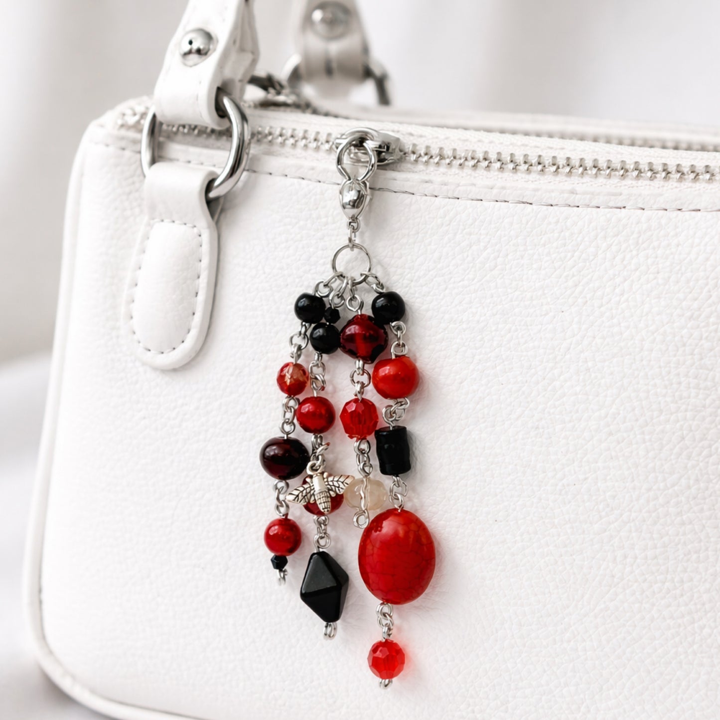 Handmade Red & Black Beaded Bee Charm – Bag Charm Keychain Zipper Pull