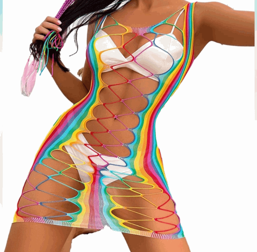 Rainbow Mesh Fishnet Dress Rave Festival Outfit Swim Cover