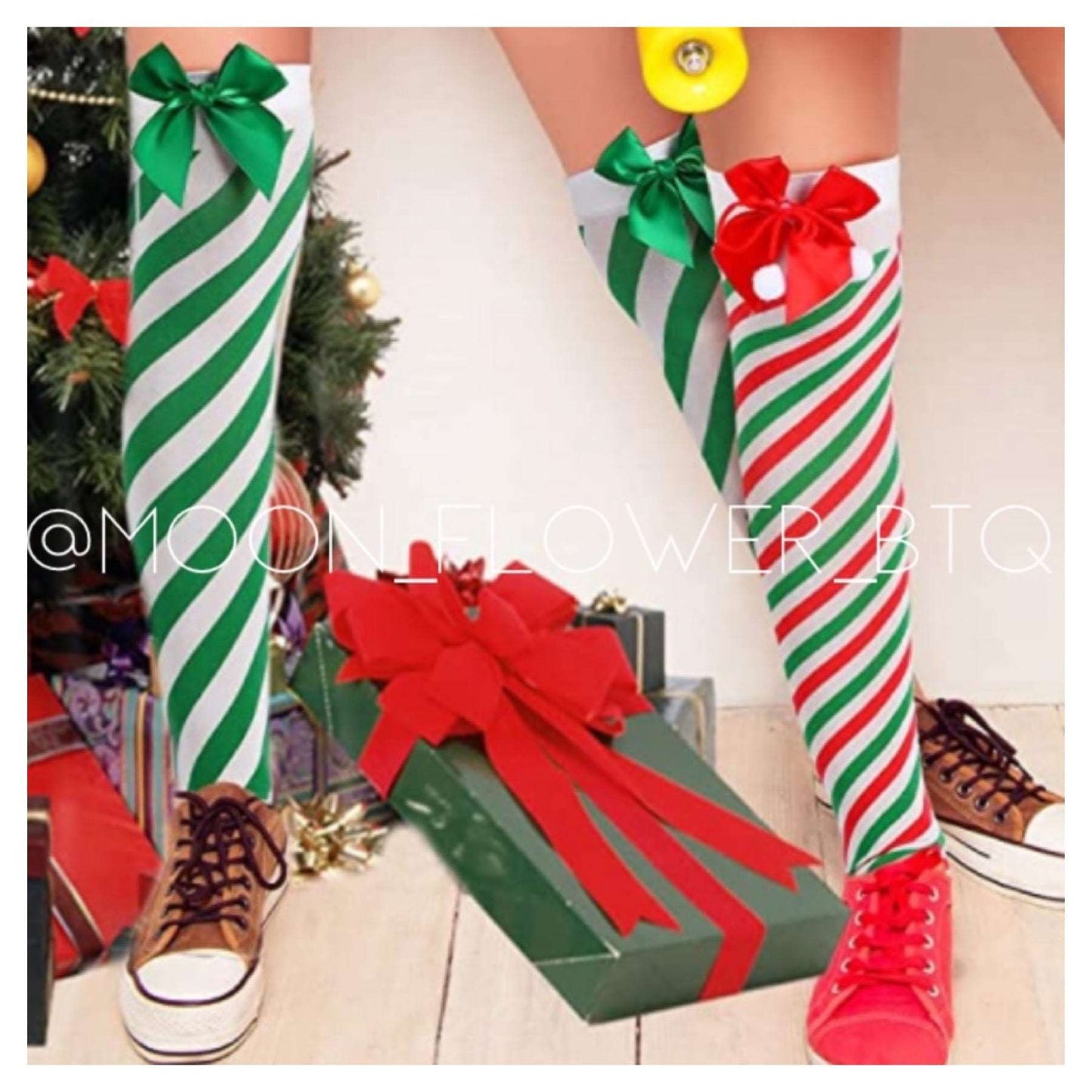 Green Christmas Candy Striped Over the Knee Thigh High Socks