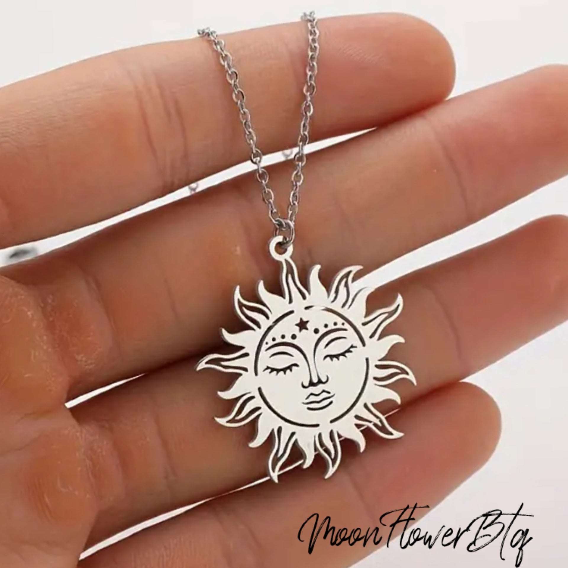 Silver Boho Sun Face Pendant Necklace