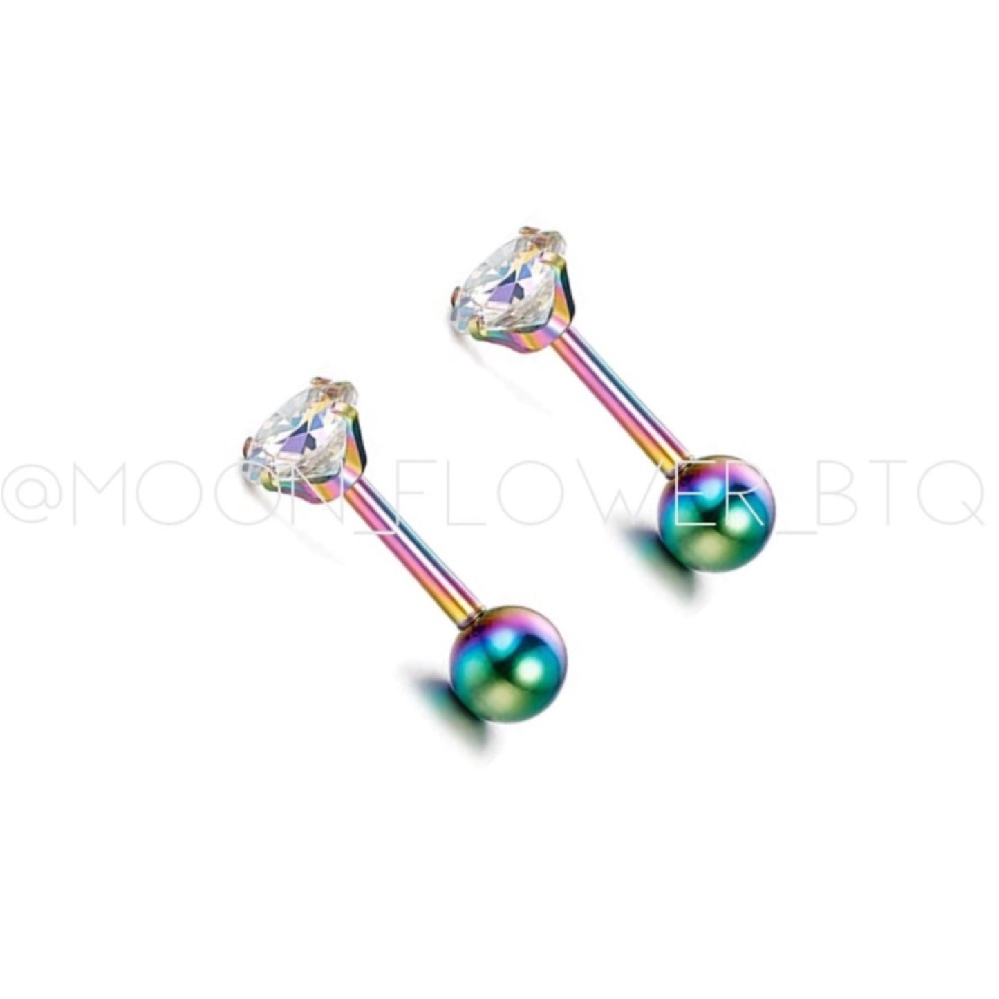 Tiny Rainbow CZ Barbell Earrings