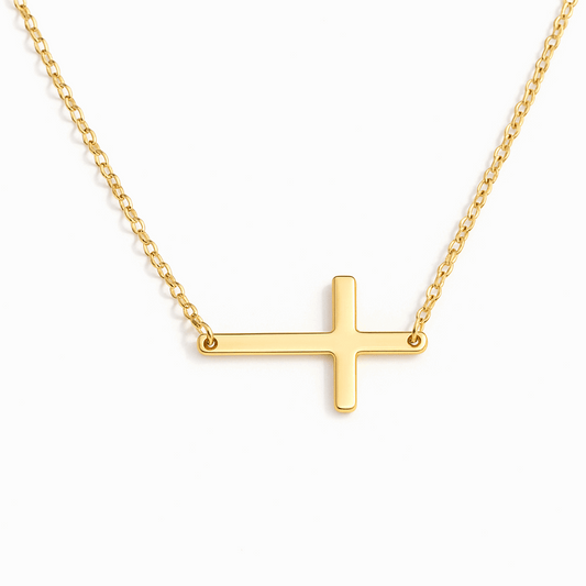 18K Gold Plated Sideways Cross Necklace – Minimalist Horizontal Pendant Chain