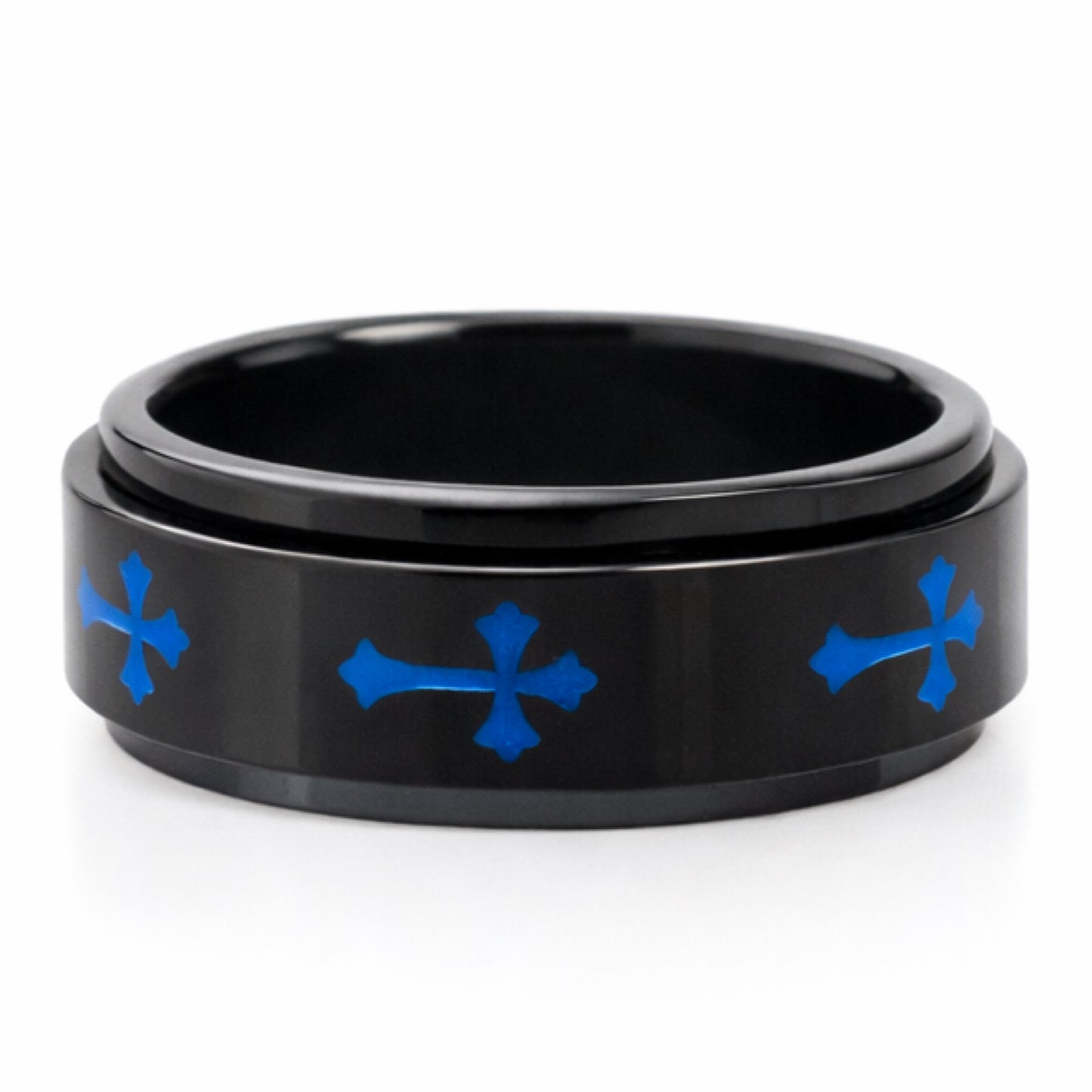 Black Stainless Steel Spinner Ring with Blue Cross Design