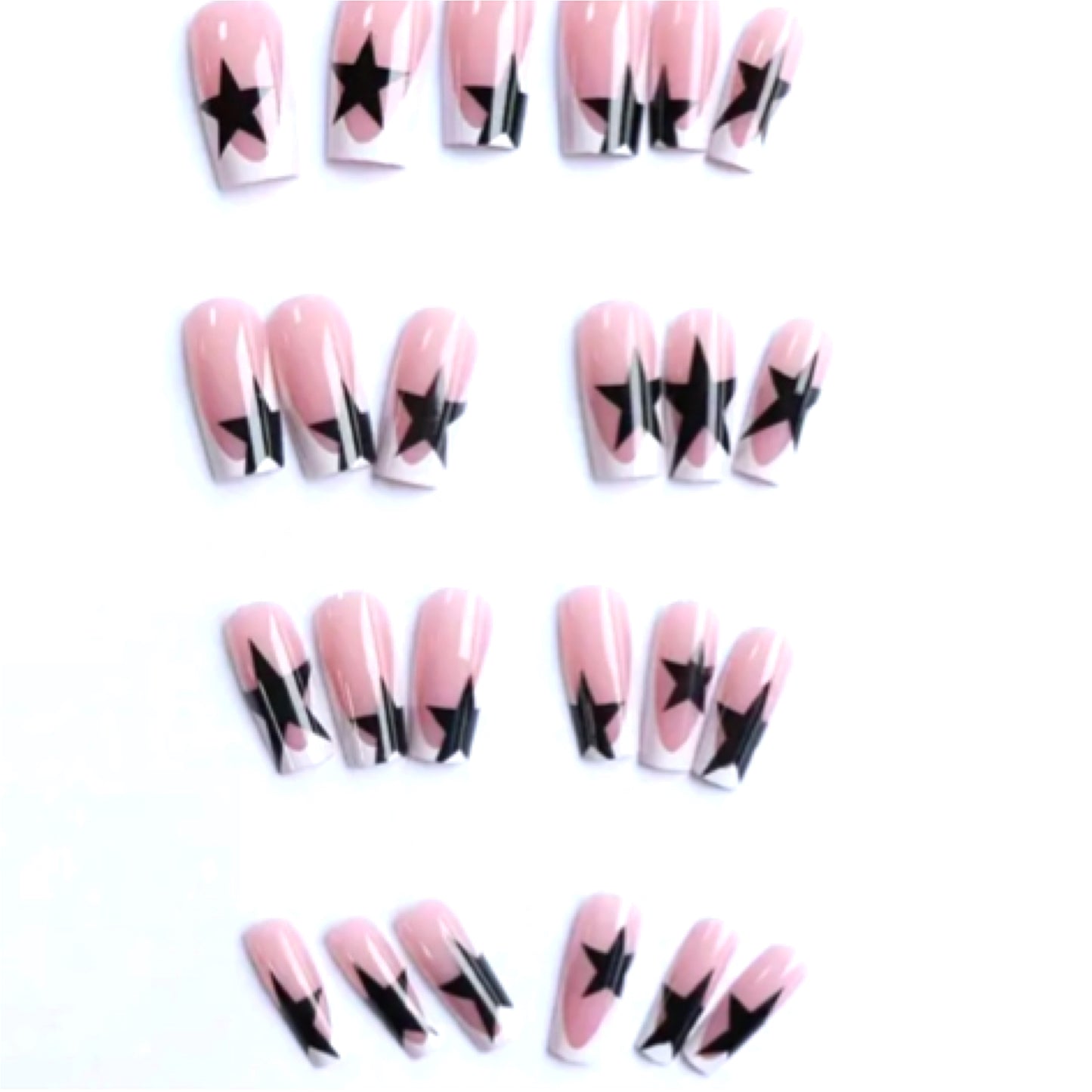 Black Star French Tip Press-On Nails – Pink Nude Coffin False Nail Set (24pcs)