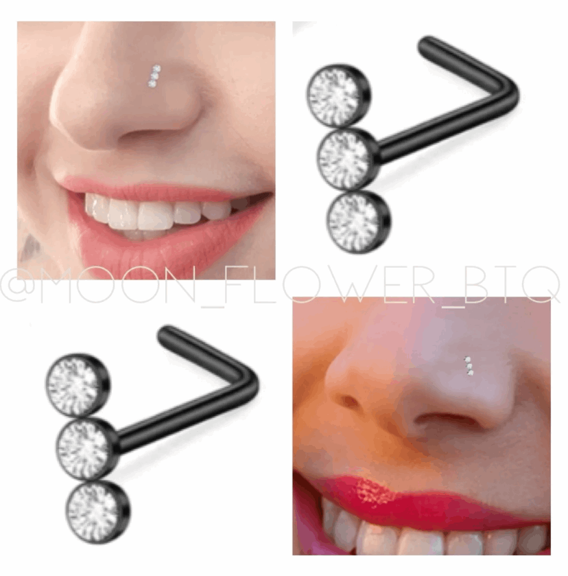 Triple CZ Black L Shaped Nose Ring