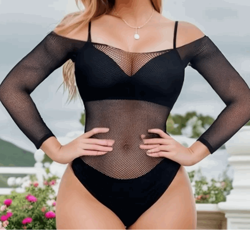 Black Long-Sleeved Net Body Suit