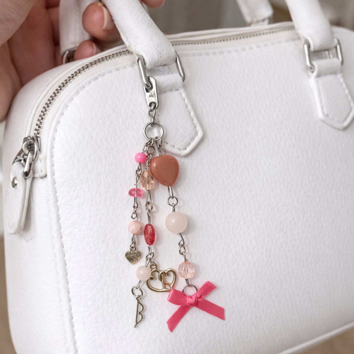 Pink Heart Bow Arrow Beaded Charm - Bag Charm Keychain Zipper Pull