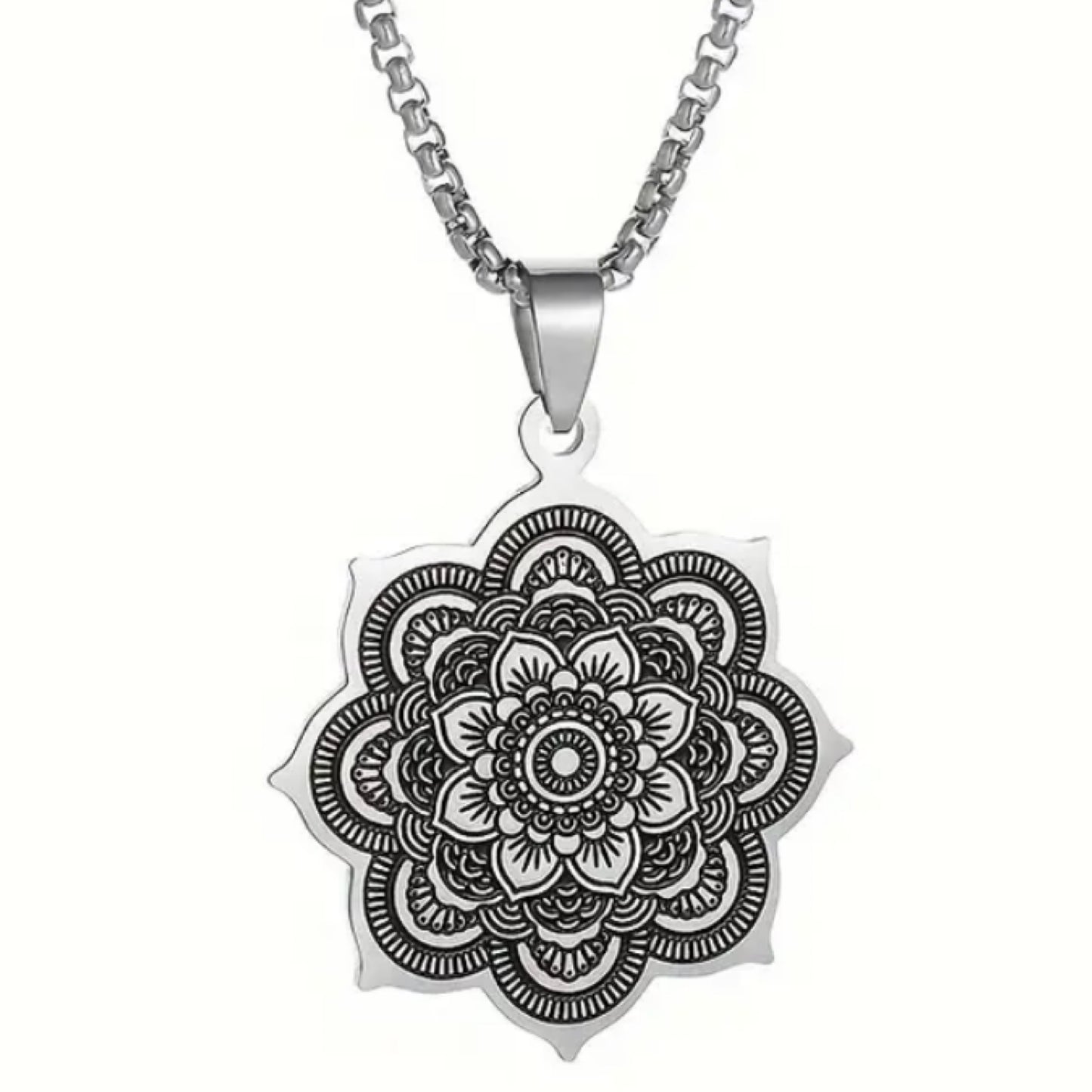 Silver Boho Mandala Flower Pendant Necklace