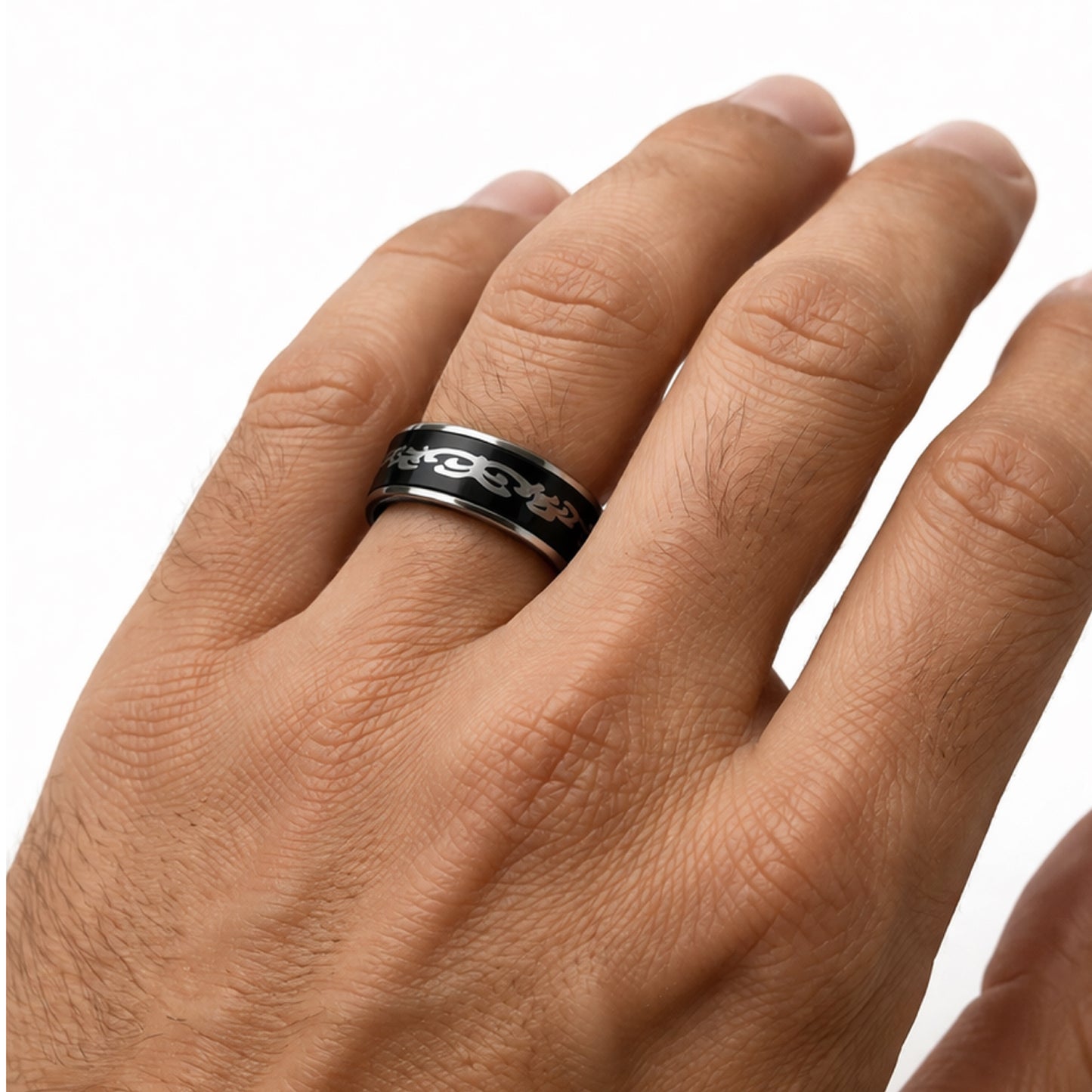 Black Tribal Spinner Ring – Stainless Steel Fidget Band