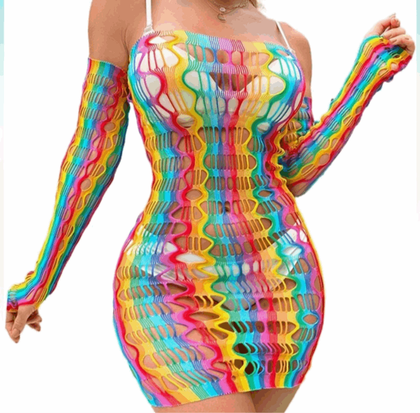 Rainbow Mesh Fishnet Dress Rave Festival Outfit Swim Cover