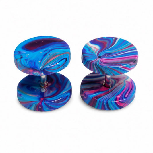 Blue Purple Swirl Fake Plug Faux Gauge Earrings – 16G 10mm