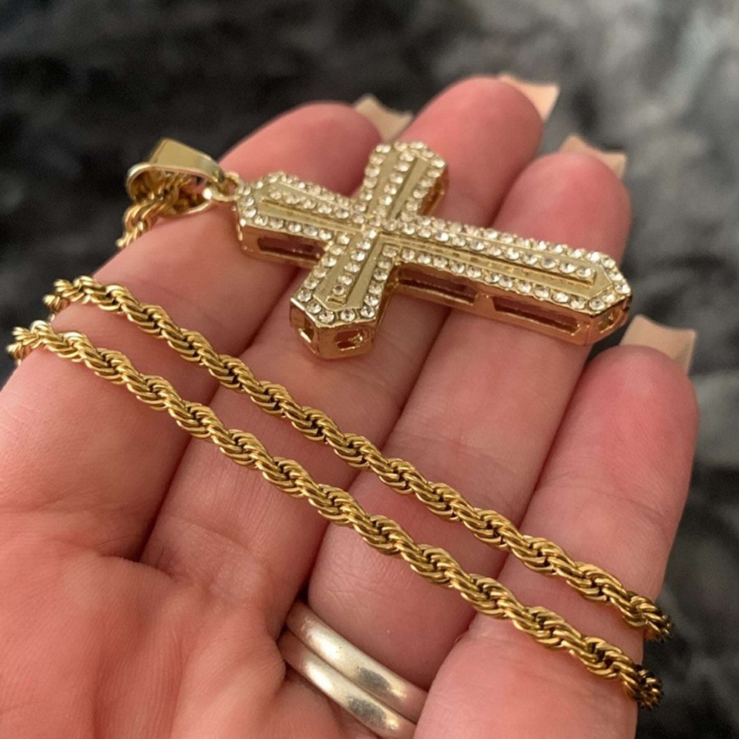 Gold CZ Covered Cross Necklace