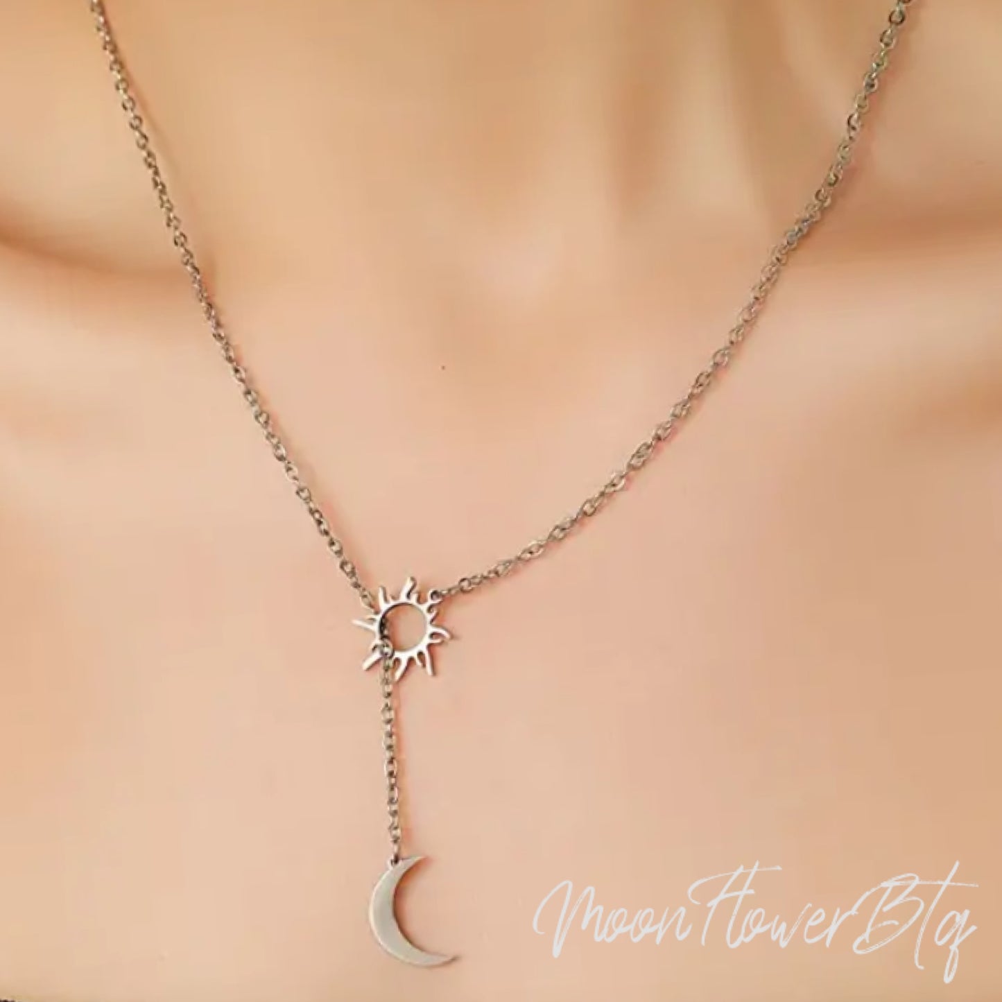 Silver Sun and Moon Pendant Necklace