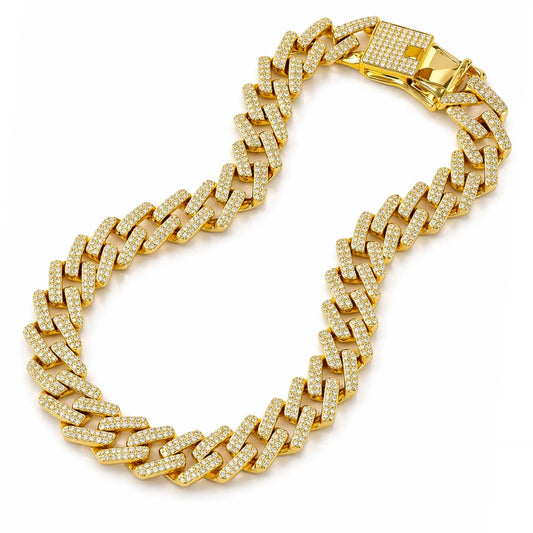 24” 15mm Gold Cuban Link Chain Necklace with Clear CZ – Iced Out Stainless Steel