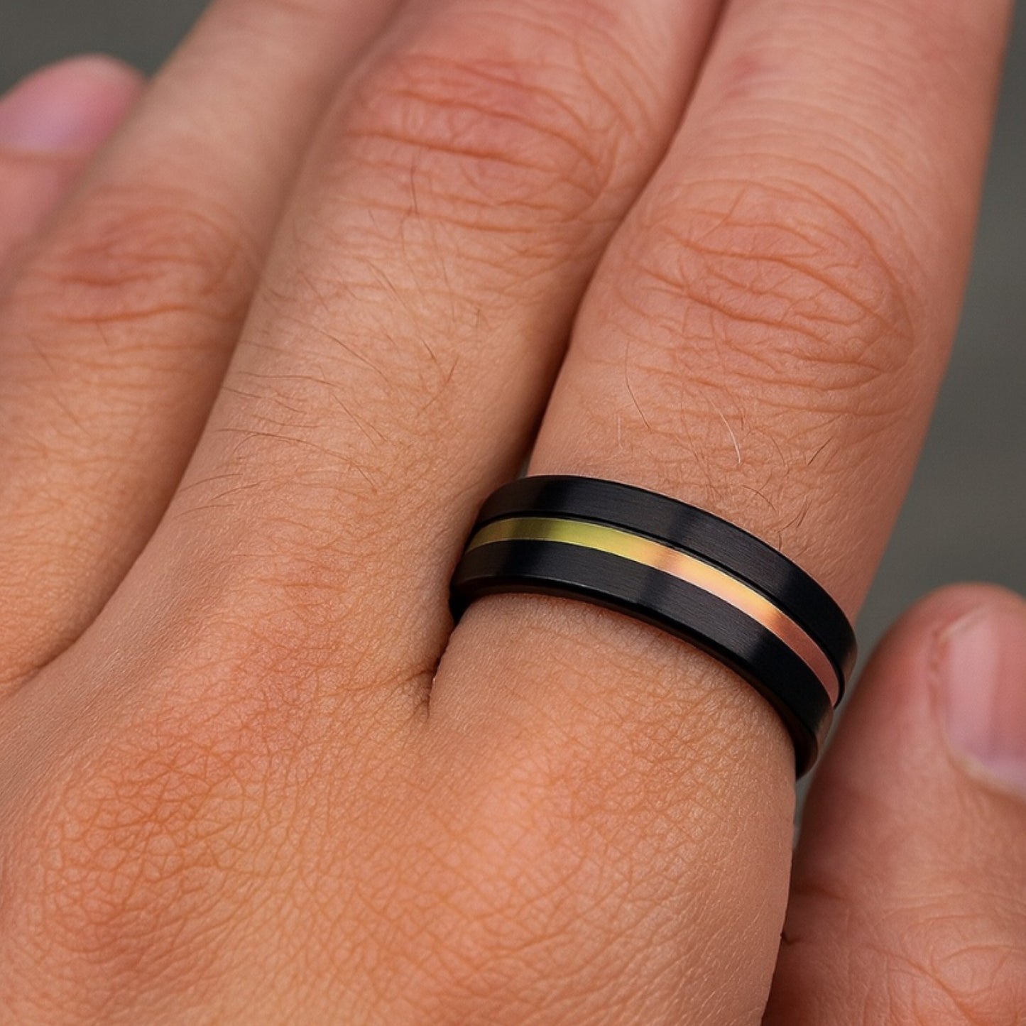 Black Tungsten Ring with Iridescent Rainbow Inlay | 8mm Comfort Fit Band