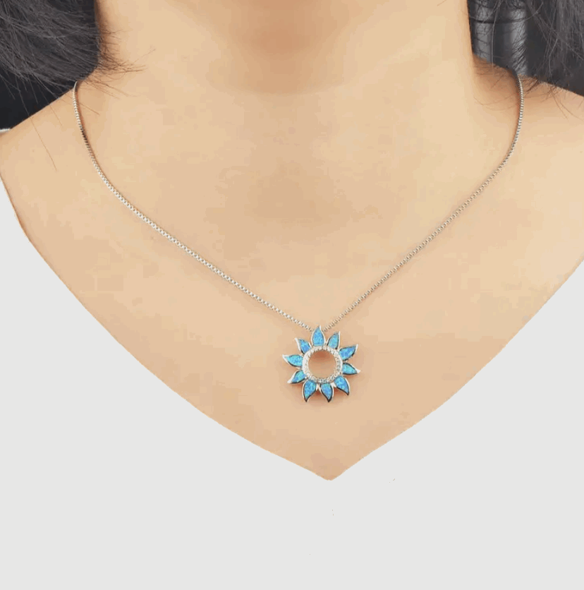 Fire Opal Sunflower Pendant Necklace