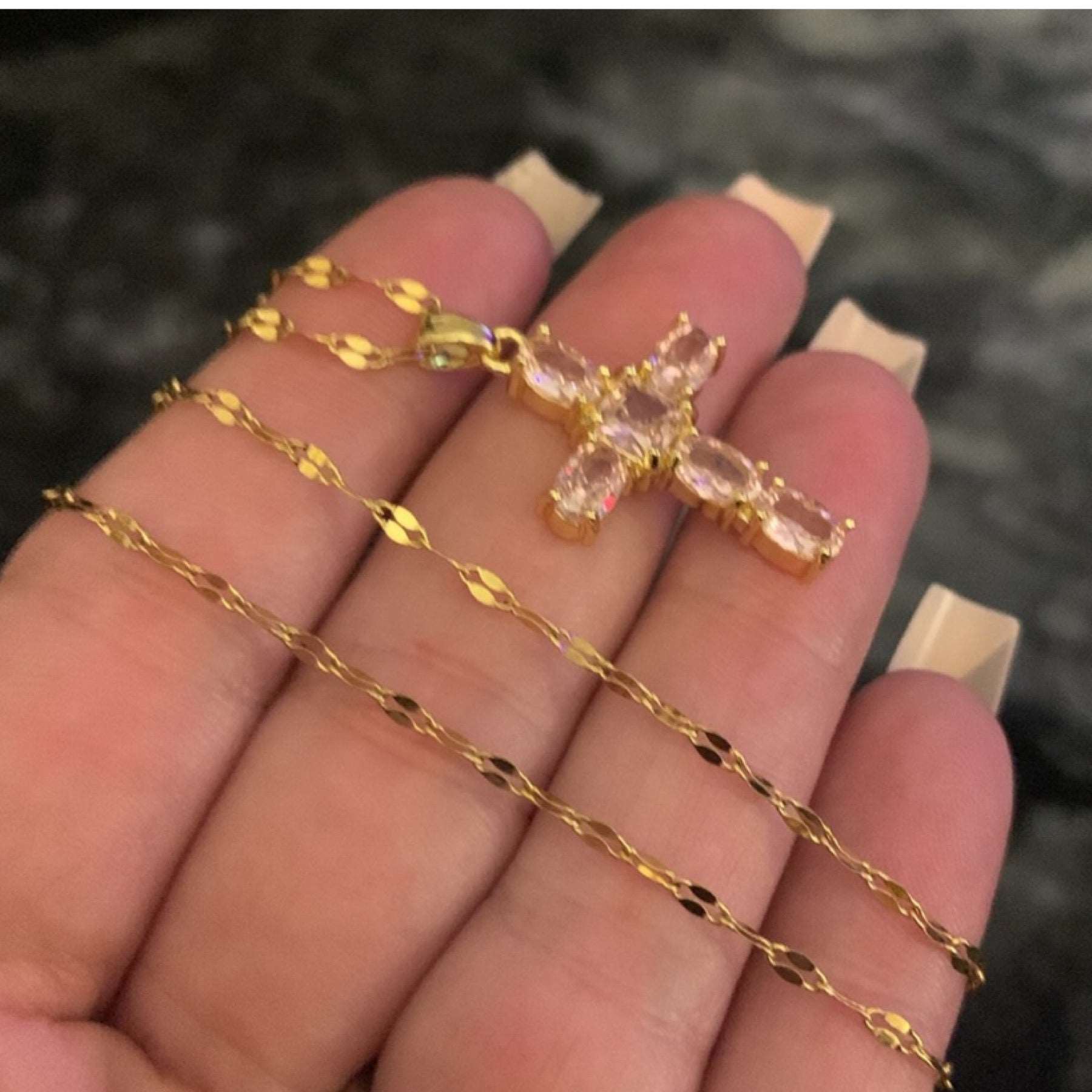 Gold Pink CZ Covered Cross Necklace