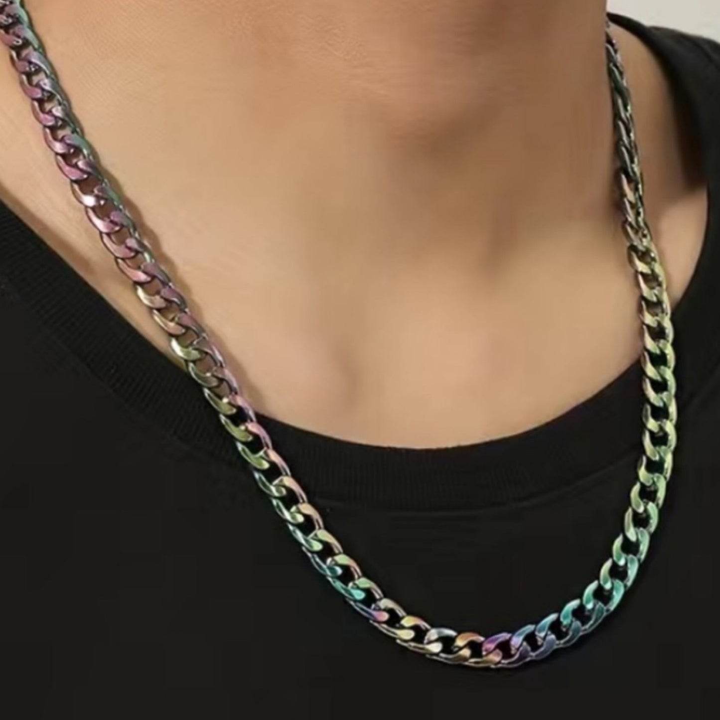 Rainbow Stainless Steel Cuban Chain Hip Hop Style Necklace