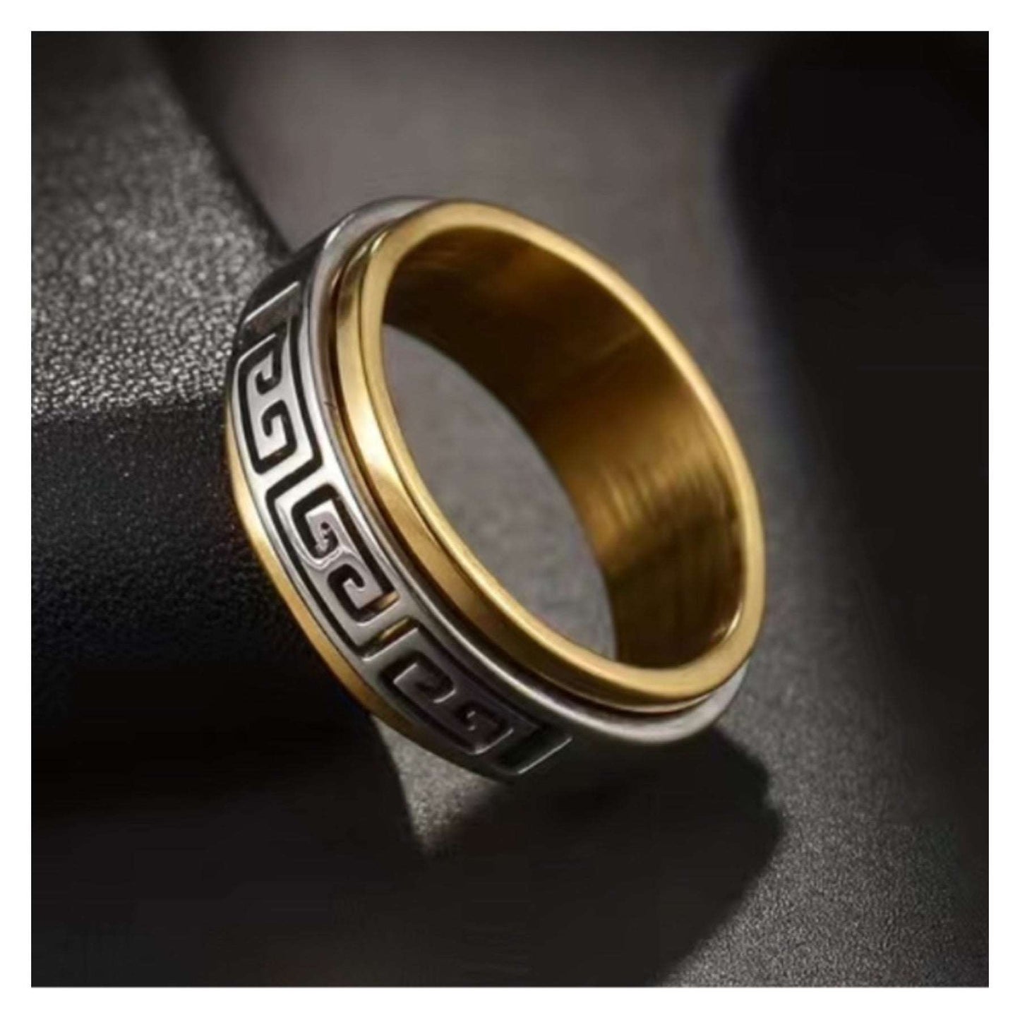 Gold & Silver Cutout Greek Key Stainless Steel Anxiety Fidget Spinner Ring