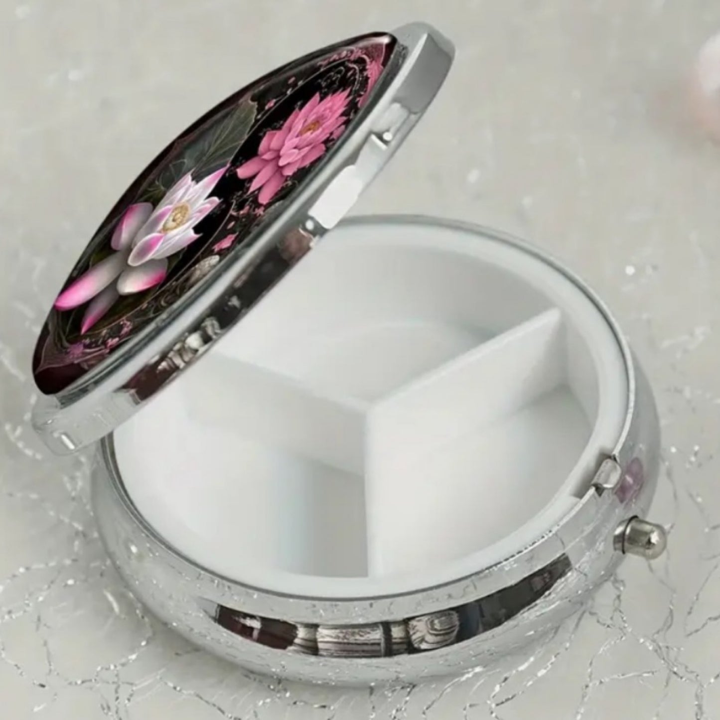 Pink Lotus Yin Yang Round Pill Box – 3 Compartment Silver Metal Case