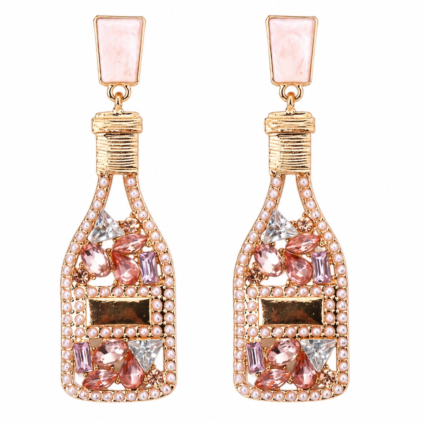 Pink Champagne Bottle Rhinestone Drop Earrings